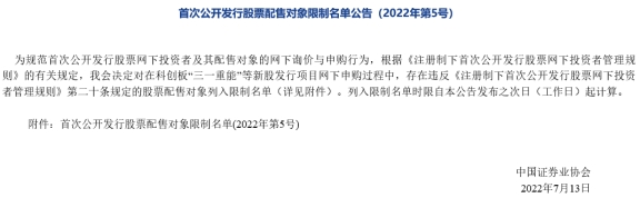 中国证券业协会发布2022年第5号、6号公告，含配售对象名单